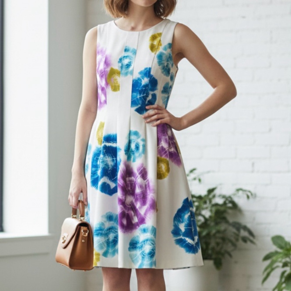 Calvin Klein Colorful Tie Dye Floral Scuba Knit Sleeveless‎ Flare Dress